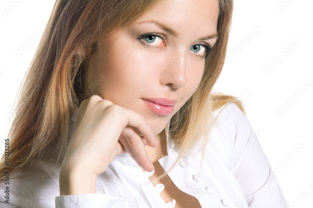 Close-up of beautiful young woman face. Isolated on white backgr Close-up of beautiful young woman face. Isolated on white backgr
