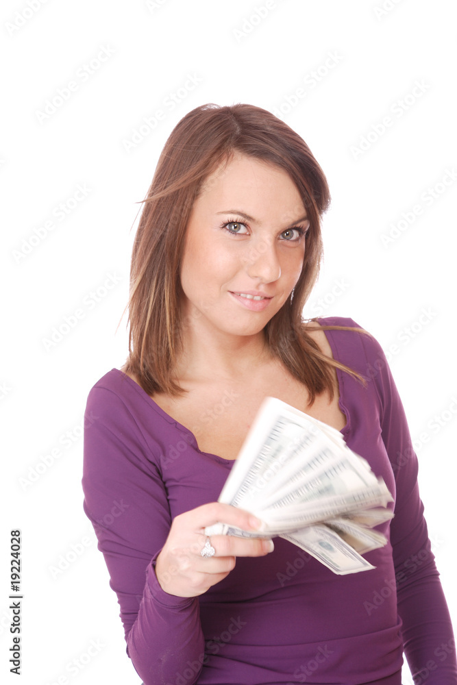 Attractive woman takes lot of 100 dollar bills Attractive woman takes lot of 100 dollar bills