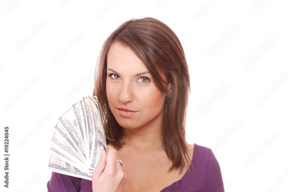 Fototapeta premium Attractive woman takes lot of 100 dollar bills