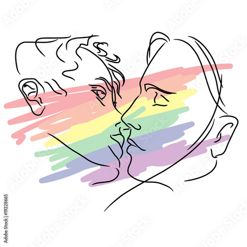 gay men kiss on a rainbow pride flag