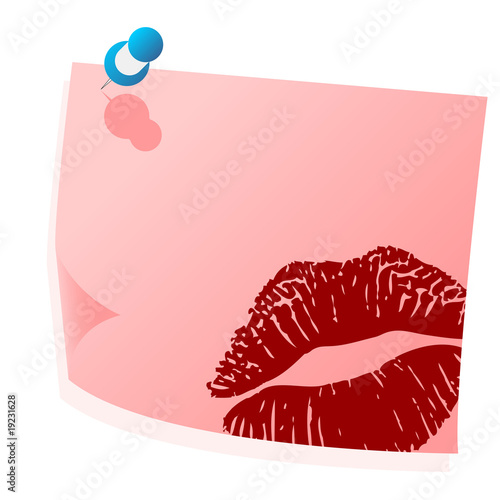 Valentines pink note with lipstick mark over white