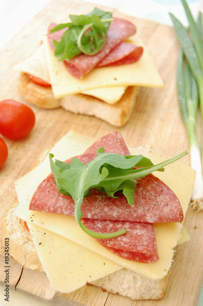 Cheese and salami on toast