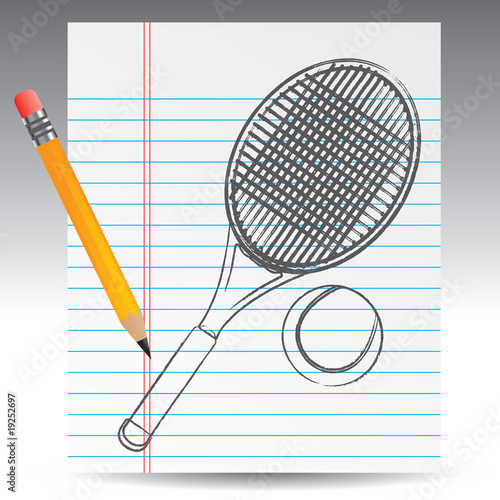 Tennis racket and ball drawing with pencil