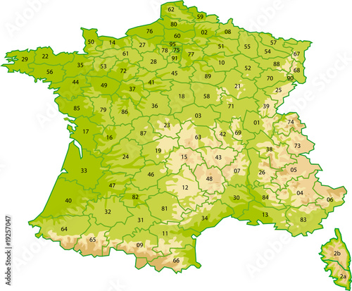 Carte de France avec les départements - Reliefs