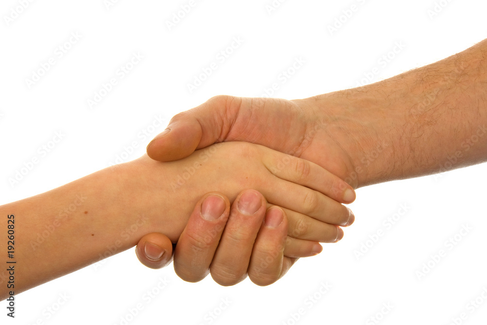 Adult men and child handshake over white background Adult men and child handshake over white background