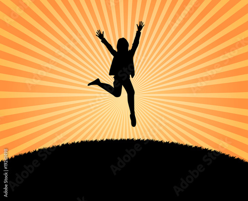 girl jumping of joy on a hill