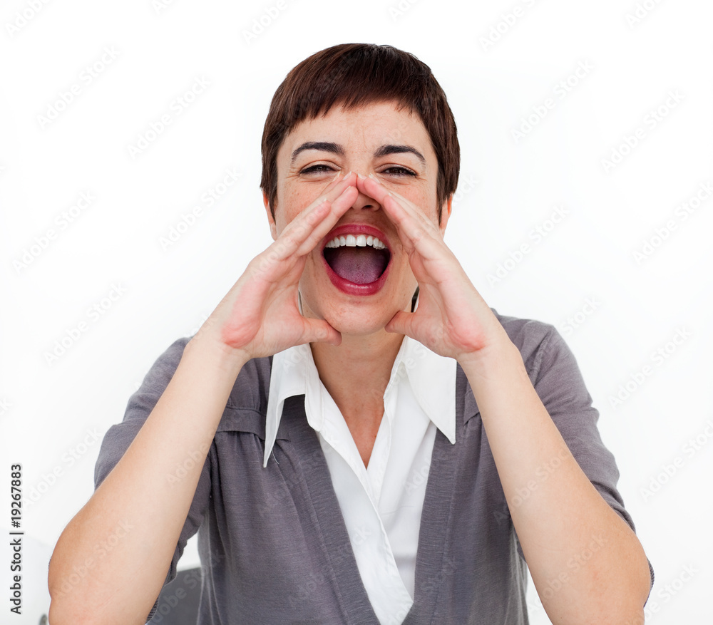 Attractive businesswoman shouting