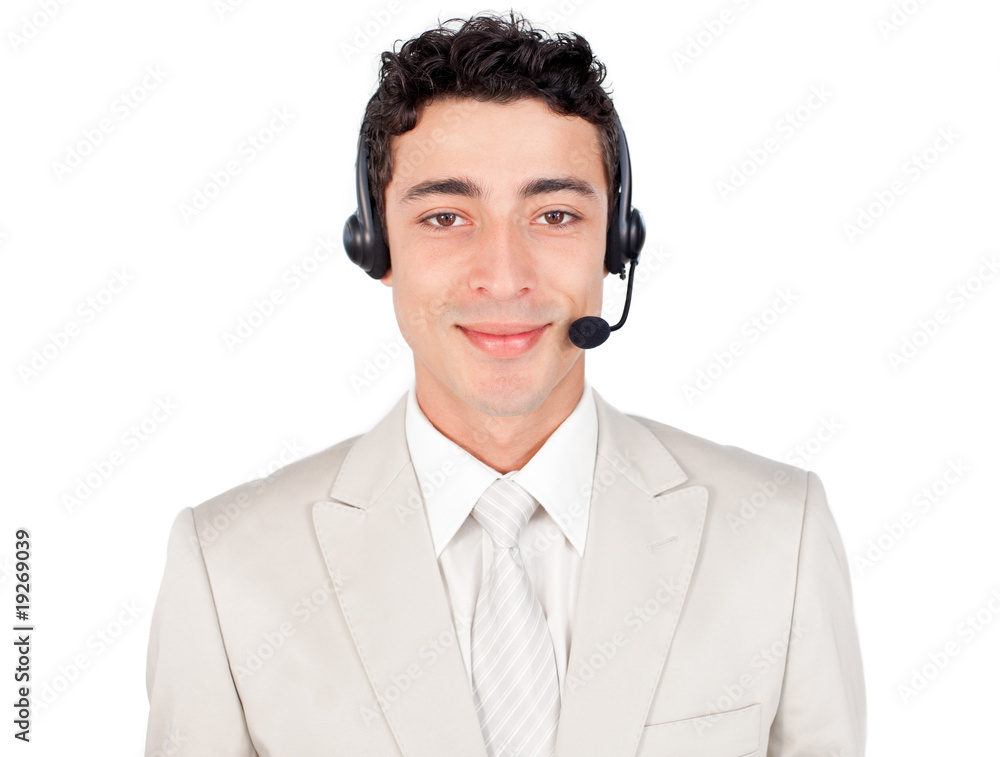 Attractive customer service representative using headset Attractive customer service representative using headset