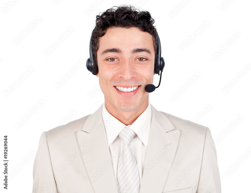 Confident young businessman with headset on Confident young businessman with headset on