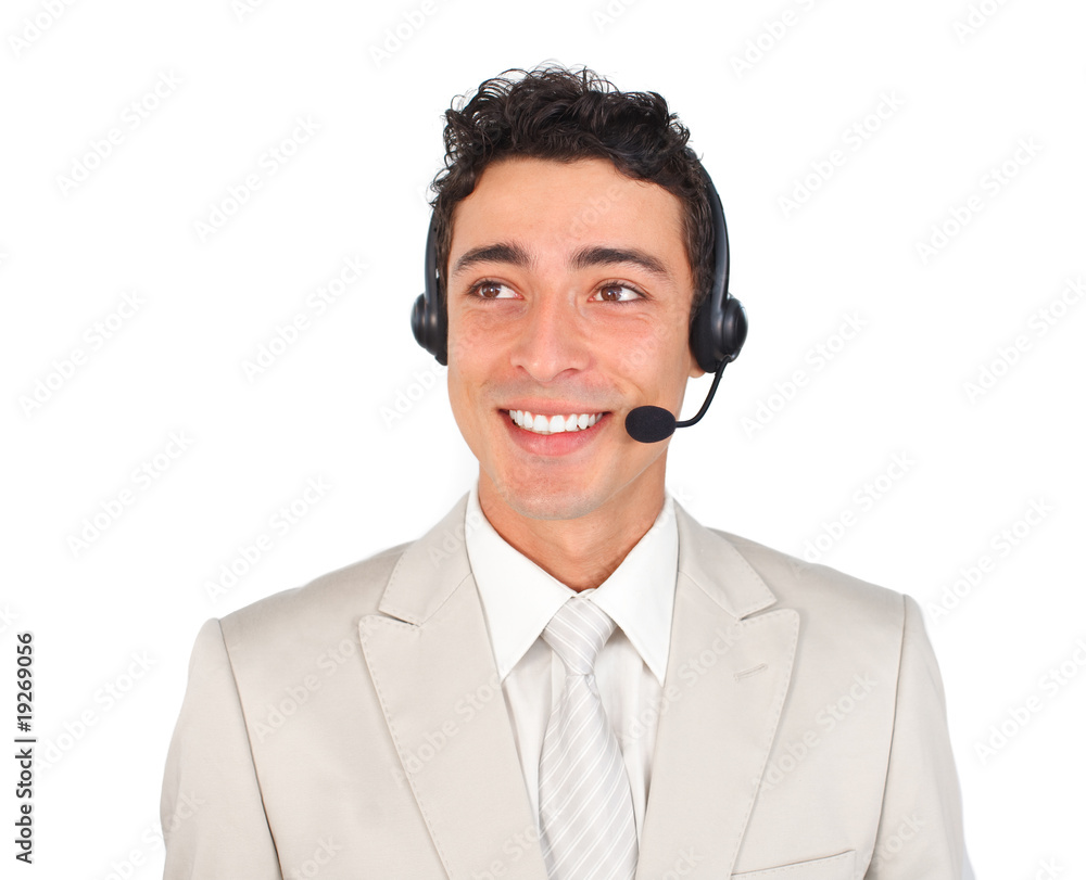 Positive customer service representative using headset Positive customer service representative using headset