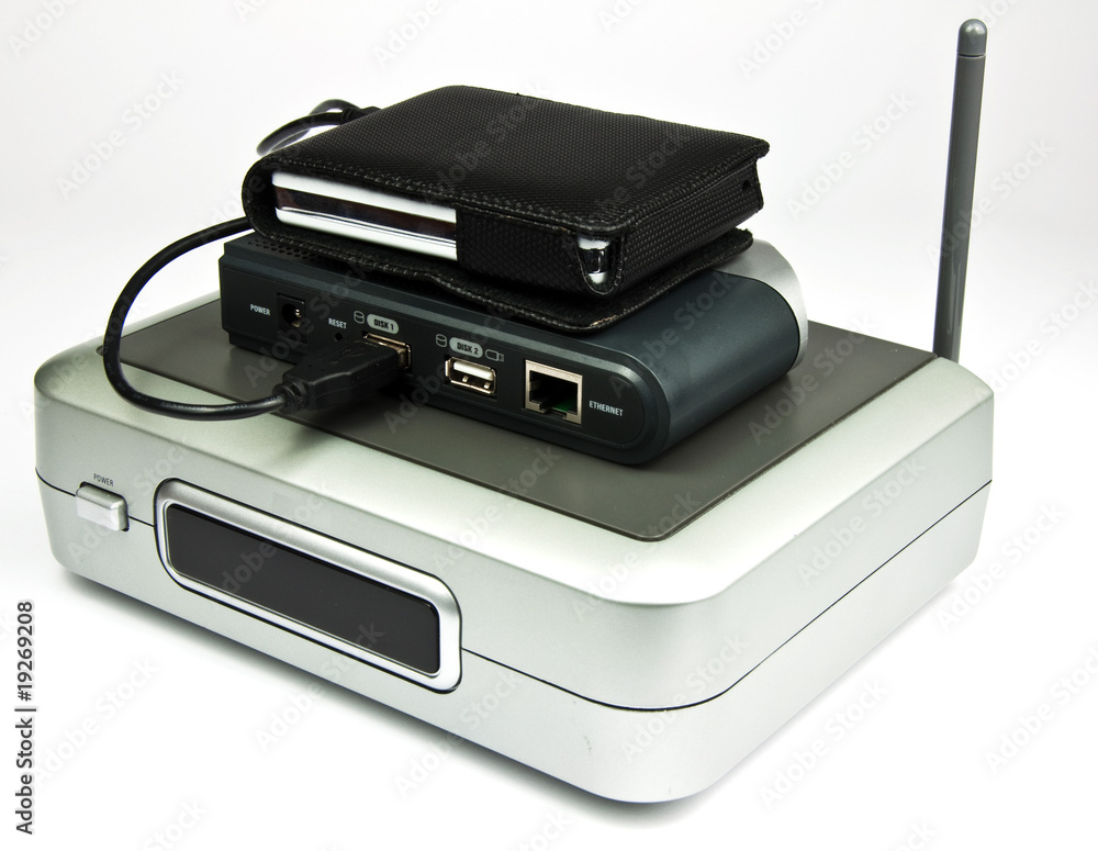 concept of wireless router connected to external remote media concept of wireless router connected to external remote media