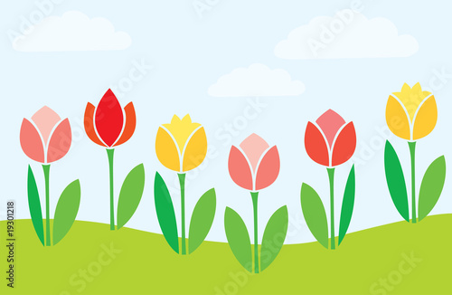 Spring glade with blossoming tulips