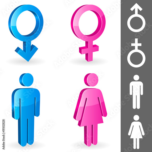 Three-dimensional shapes of male and female gender symbols.