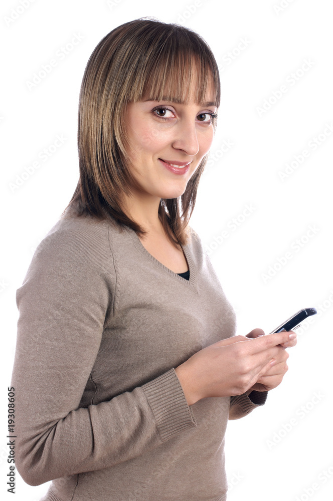 young female with mobile phone isolated on white young female with mobile phone isolated on white