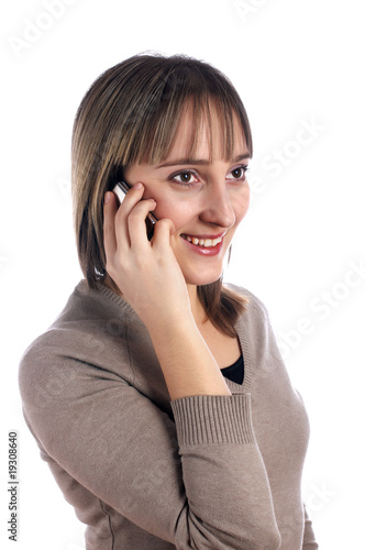 young female with mobile phone isolated on white