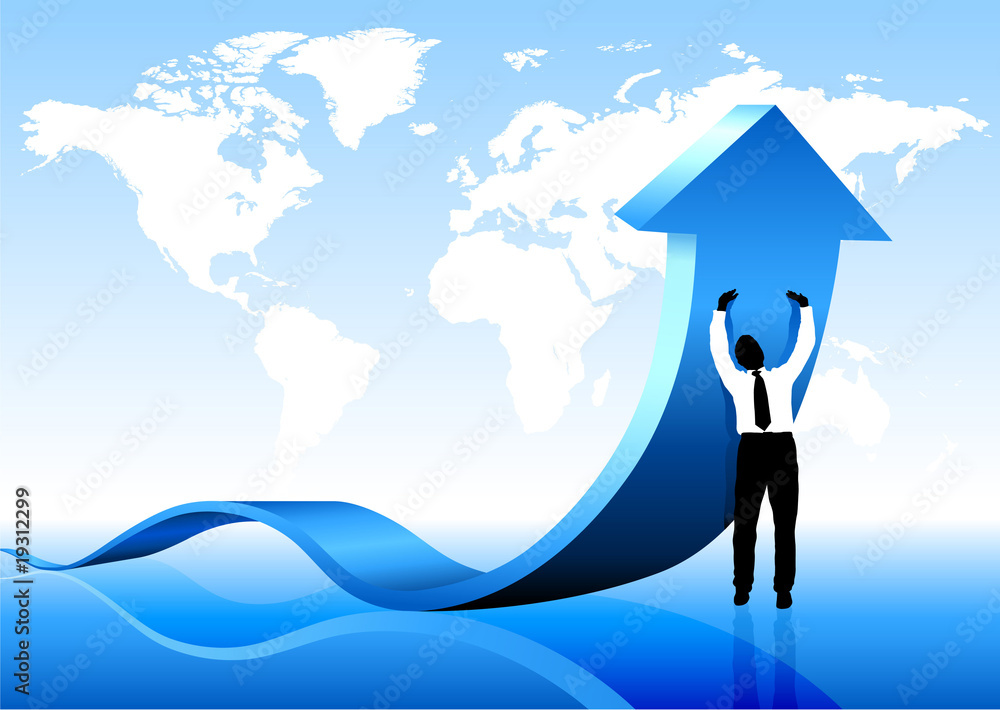 Businessman holding arrow with World Map Background Businessman holding arrow with World Map Background