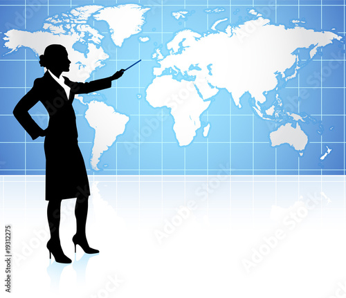 Businesswoman presenting World Map Background