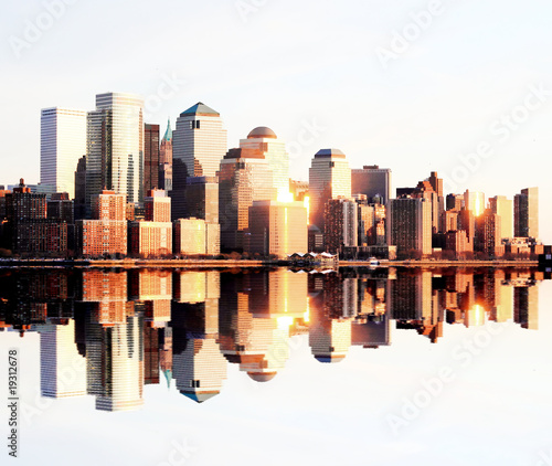 Lower Manhattan skylines at sunset
