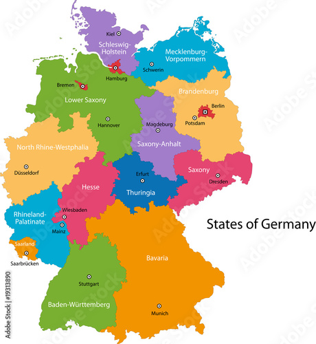 Colorful Germany map with regions and main cities