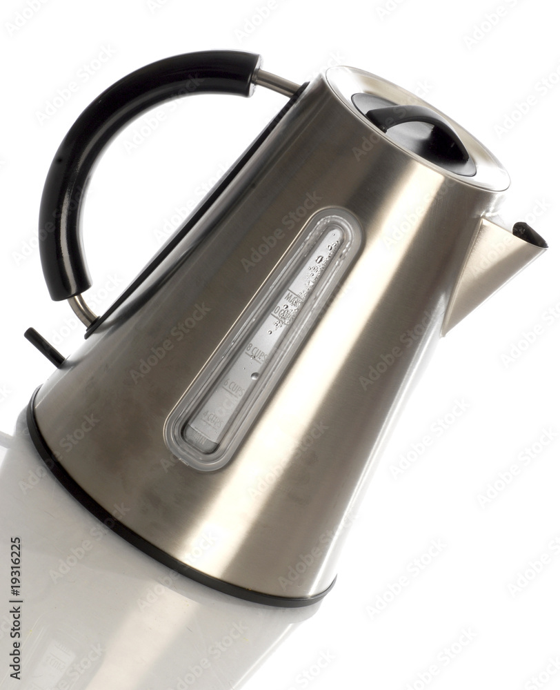 electric tea kettle with reflection on white background electric tea kettle with reflection on white background