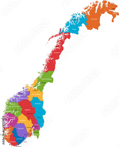 Canvas Print Map of administrative divisions of Norway