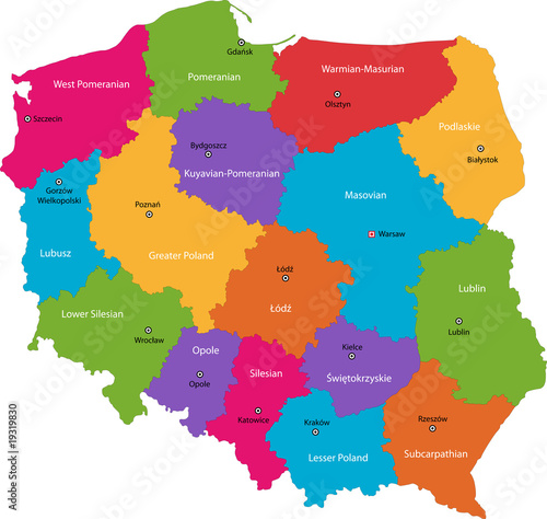 Vector color map of administrative divisions of Poland