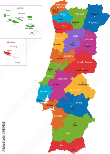 Colorful Portugal map with regions and main cities