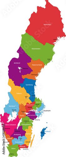 Fotografi Vector color map of administrative divisions of Sweden