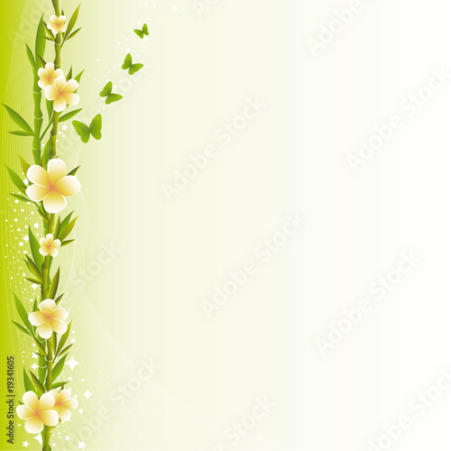 Background with bamboo branches, plumerias and butterflies.