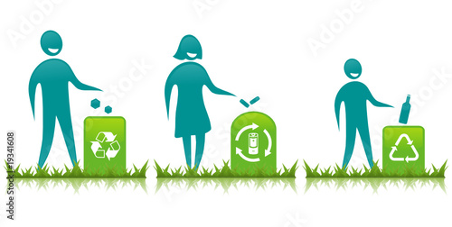 Family recycling paper, batteries and plastic bottles.