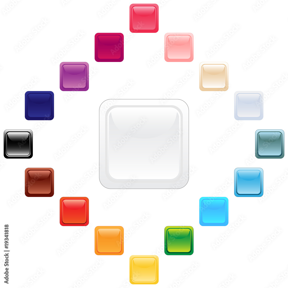 Seventeen colored glossy square tiles, buttons Seventeen colored glossy square tiles, buttons