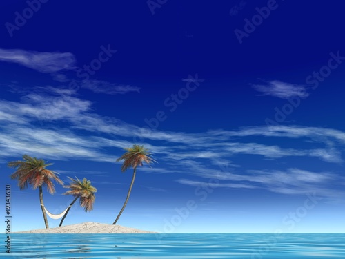 small isolated island with palm trees and a hammock