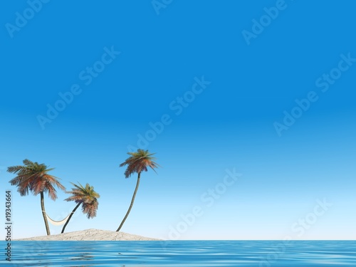 small isolated island with palm trees and a hammock