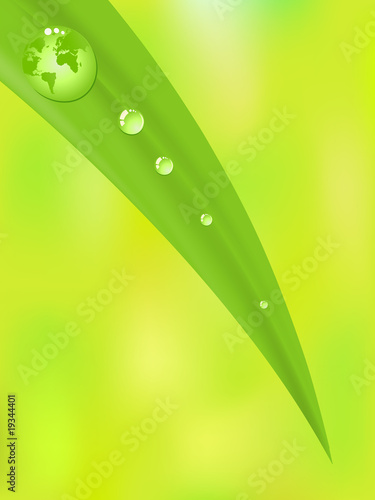 Planet Earth inside a green dew drop of water