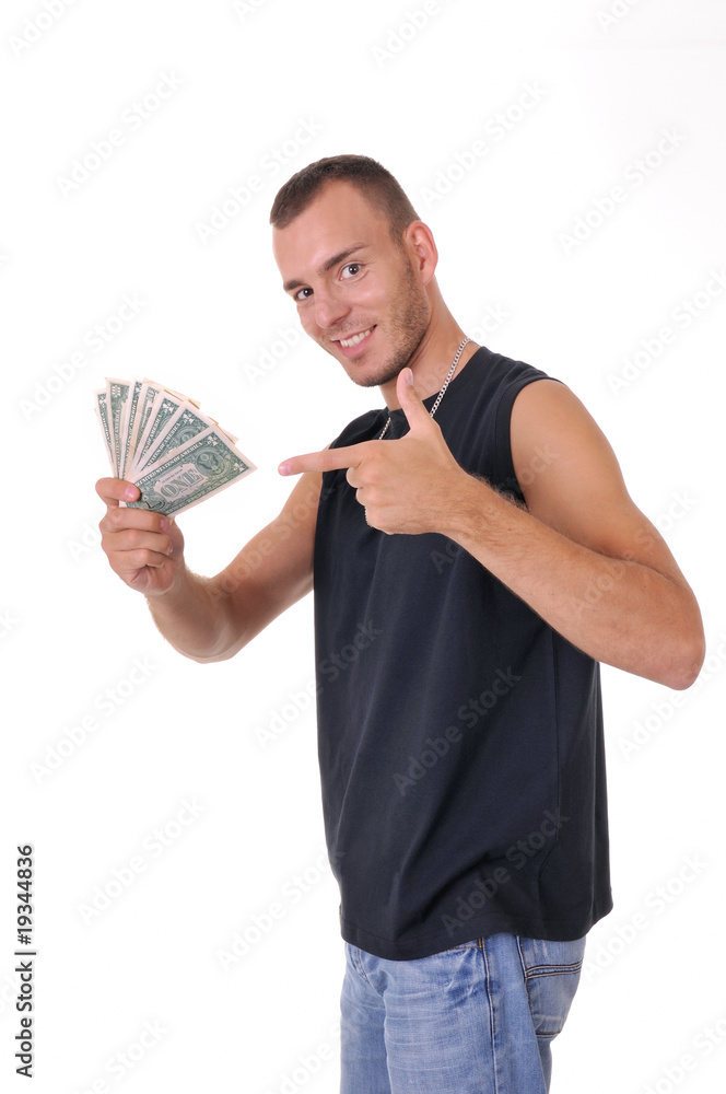 Satisfied Caucasian man with dollar banknotes Satisfied Caucasian man with dollar banknotes