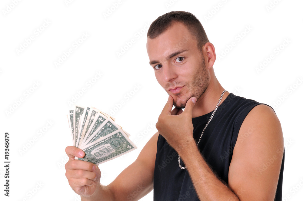 Thinking Caucasian man with dollar banknotes isolated Thinking Caucasian man with dollar banknotes isolated