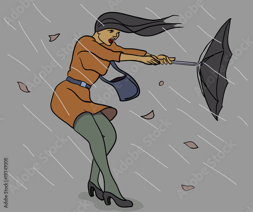 woman with inverted umbrella