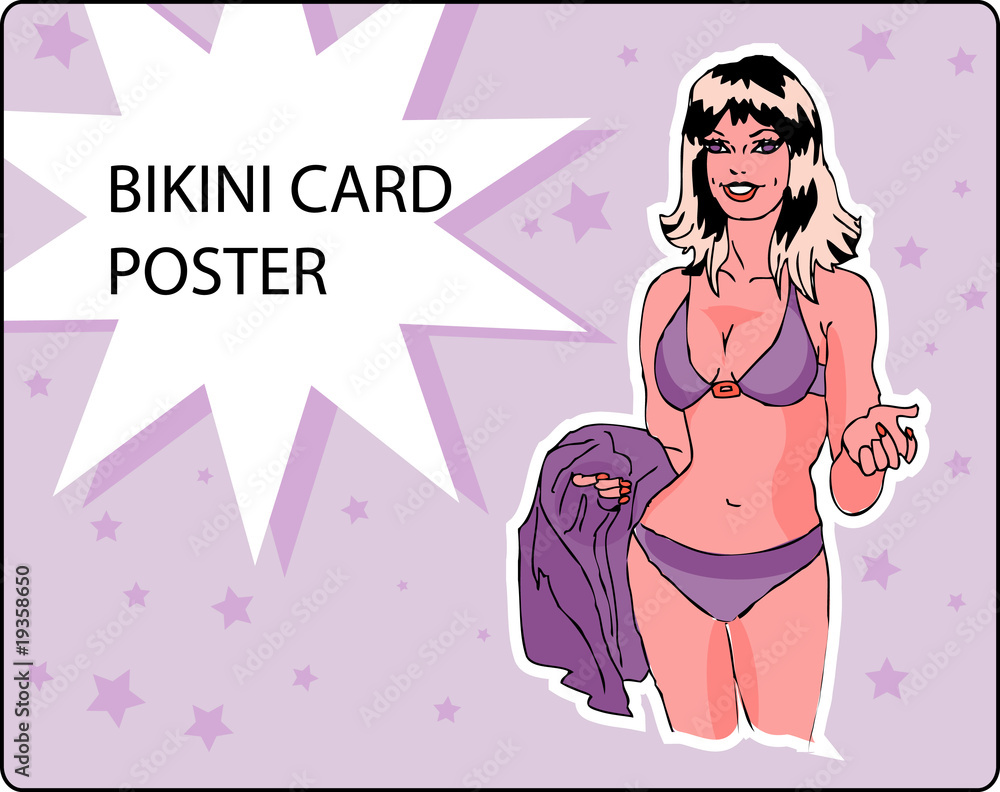 Bikini card, poster, retro design ad with beautiful woman Bikini card, poster, retro design ad with beautiful woman