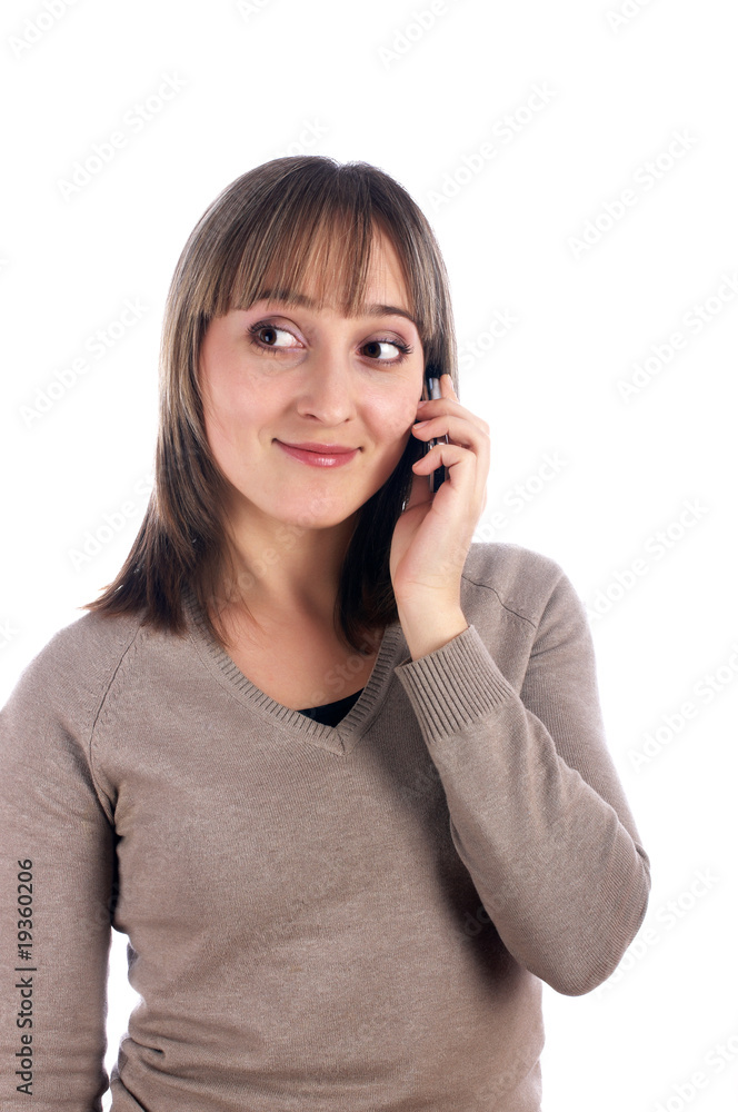 young female with mobile phone  isolated on white