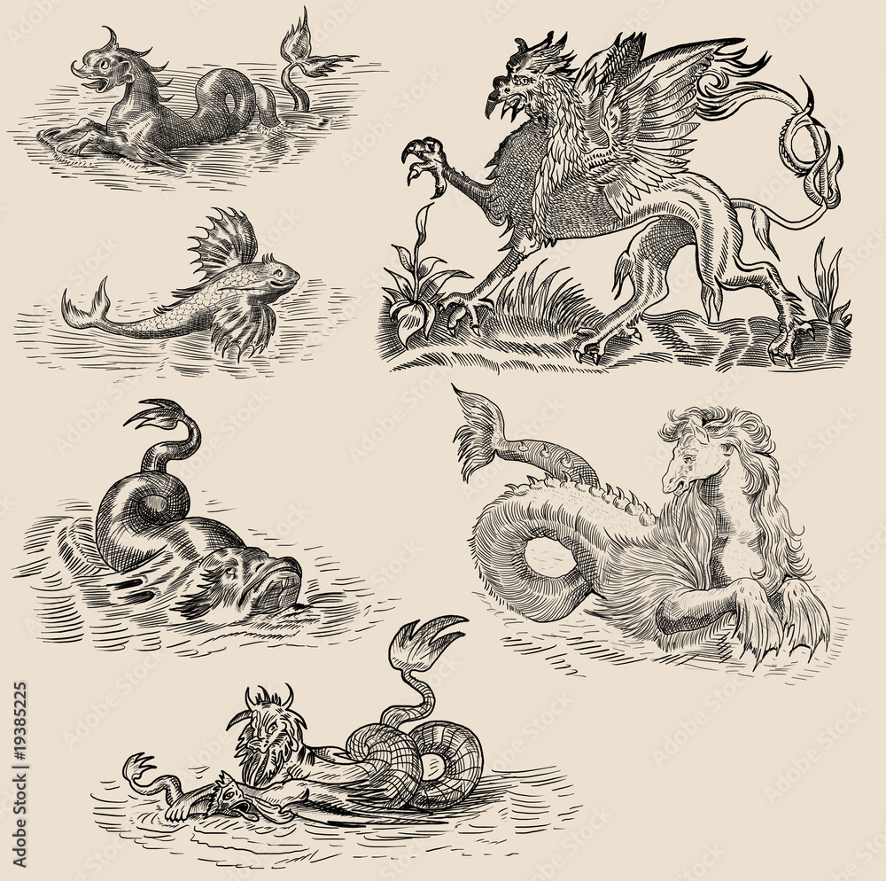 Old engraving with dragons