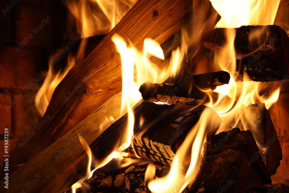 Fototapeta premium Burning fire wood in a fireplace