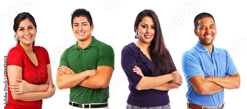 Smiling Small Group of Four in Different Color Shirts