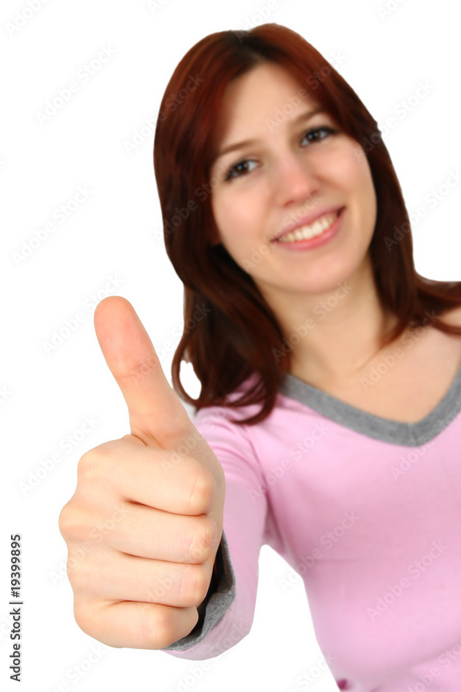 Closeup portrait of a happy young lady gesturing Closeup portrait of a happy young lady gesturing