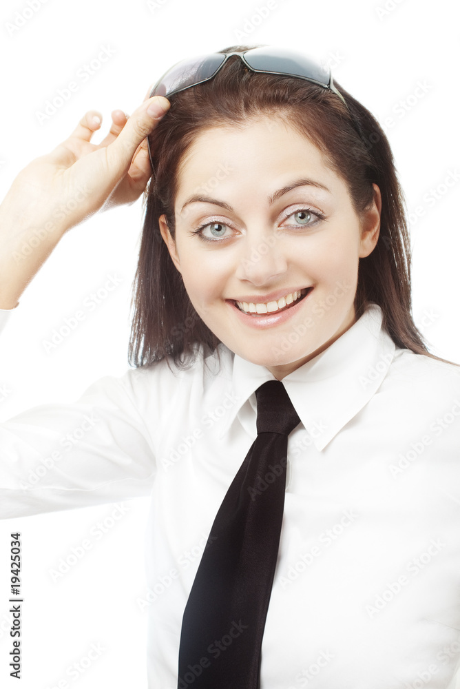 surprised businesswoman lifting sunglasses on white surprised businesswoman lifting sunglasses on white