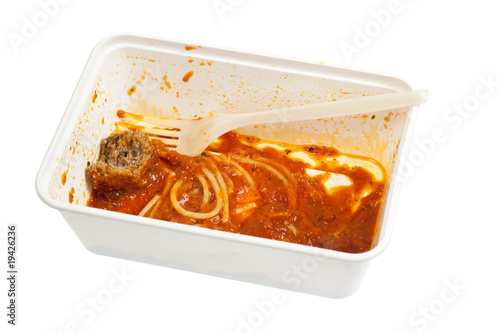 Canvas Print Leftover meatball spaghetti in a disposable container isolated