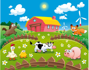 Keuken achterwand Boerderij Vrolijke cartoon boerderij met dieren en velden  © ddraw