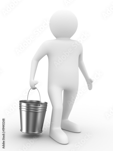 Man with bucket on white ba...