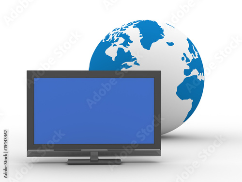 TV and globe on  white back...
