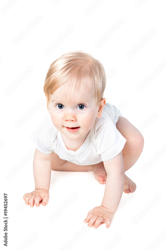 cute baby girl crawls isolated on white cute baby girl crawls isolated on white