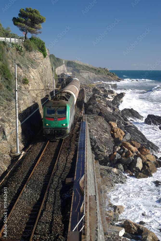 Fototapeta premium The railway line on the coast of Liguria, Italy